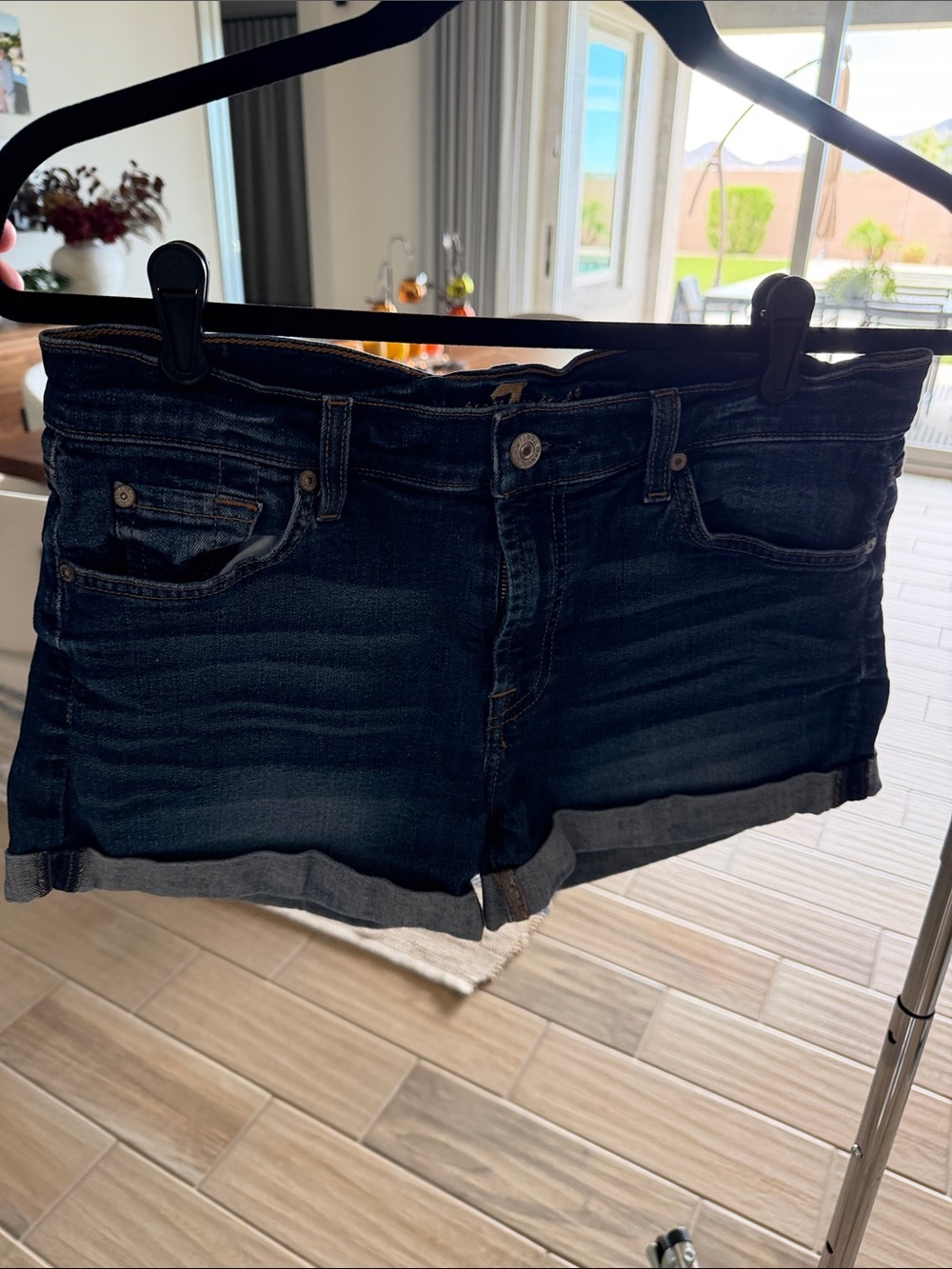 7 For All Mankind Dark Blue Denim Roll-Cuff Shorts